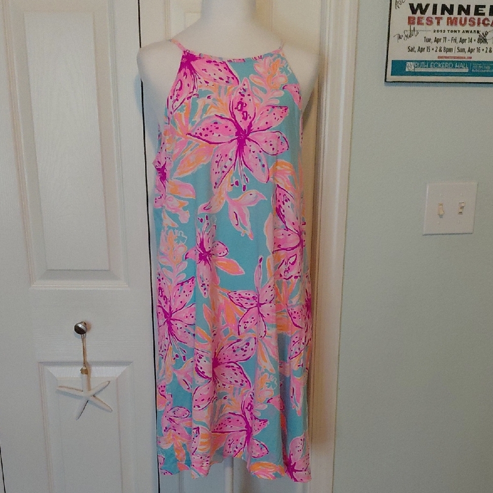 Lilly Pulitzer Vibrant Pink and Blue Floral Midi Dress